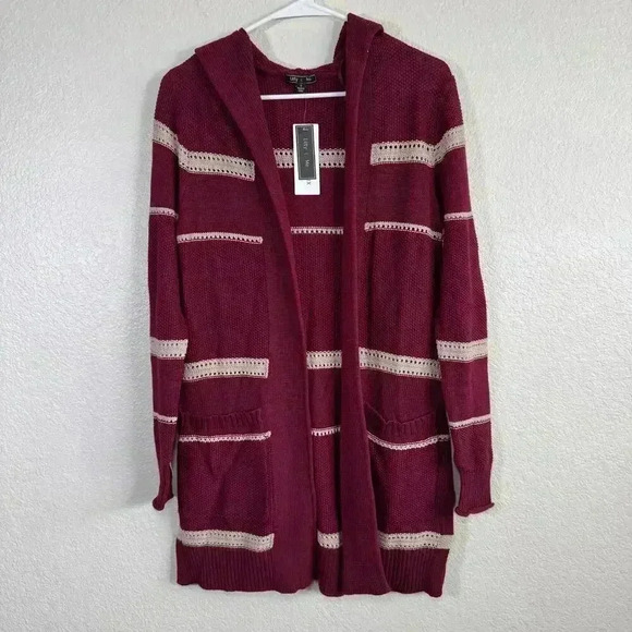 Lety & Me Stitch Fix Hooded Open Front Double Pocket Cardigan Burgundy Cream SM - Picture 1 of 8